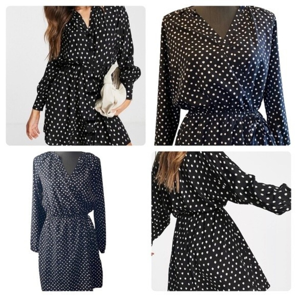 Collective Concepts navy & white polka dot long sleeve faux wrap dress small